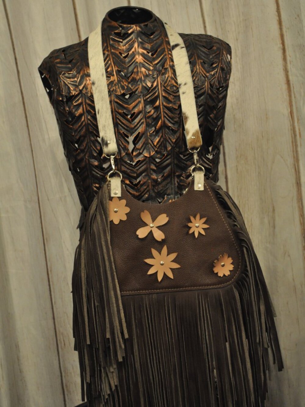 Cowhide & Leather Fringe Bag w/ Floral Details – Convertible Crossbody/Shoulder - Picture 3 of 6